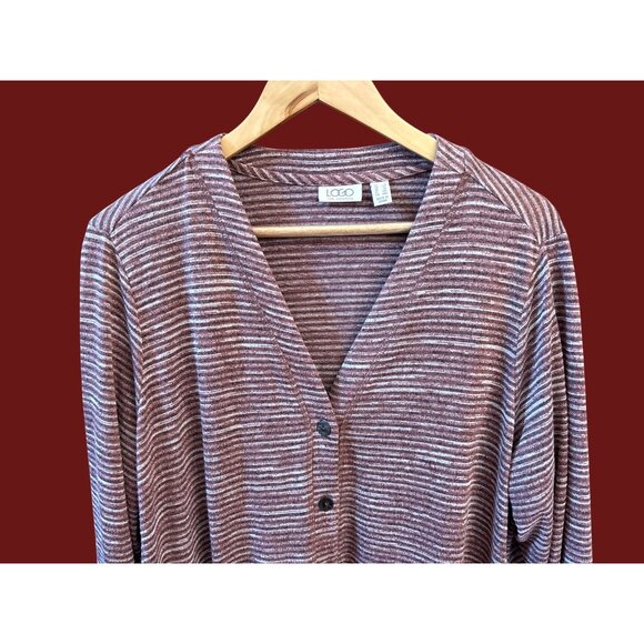 LOGO Lori Goldstein Striped Cardigan Lace Hem Pockets Boho Chic Size 1X - Picture 2 of 5